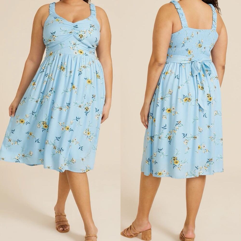 NWT Maurices Floral Midi Dress Women’s XL Smocked Tie Waist Blue Milkmaid Boho